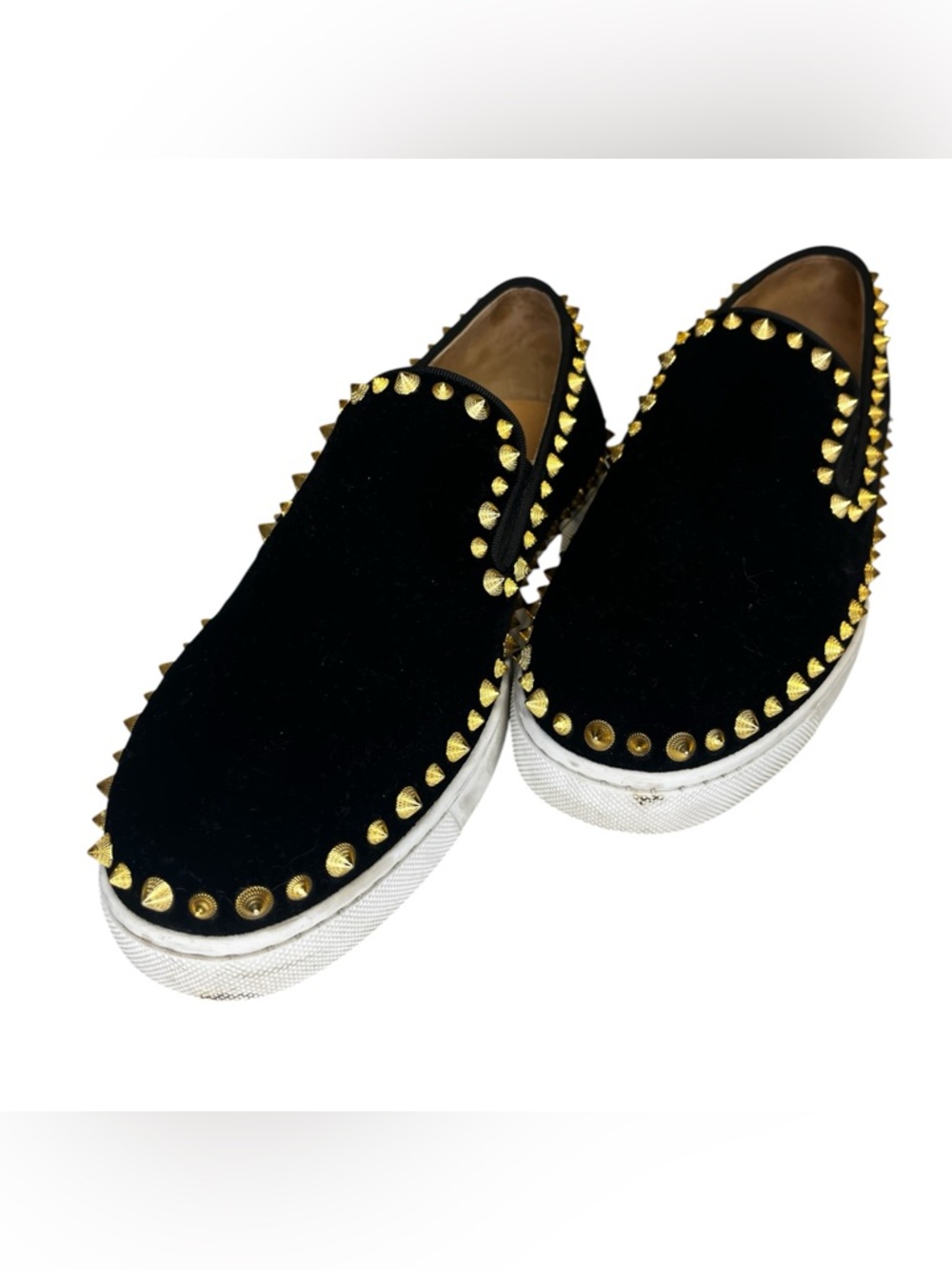 Louboutin "Pik Boat" Velvet
Spike Shoes W/Box, MSRP
$995 Black/Gold